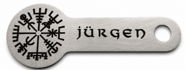 Personalisierbarer Einkaufswagen-Chip aus Edelstahl, gefertigt in unserer Schmuckmanufaktur in Abenberg. Praktischer Schlüsselanhänger mit Vegvisir-Motiv für den täglichen Einkauf und als individuelle Geschenkidee.