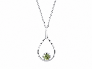 auf den Bild ist eine silberne Halskette zu sehen die einen Silber Anhänger hat und unten einen Zirkonia in der Farbe hellgrün