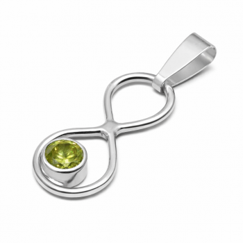 zu sehen ist ein Kettenanhänger in Silber 935 in der Form eines hängenden Endloszeichens. In der unteren Schleife ist ein Zirkon in Aquamarinfarbe eingearbeitet